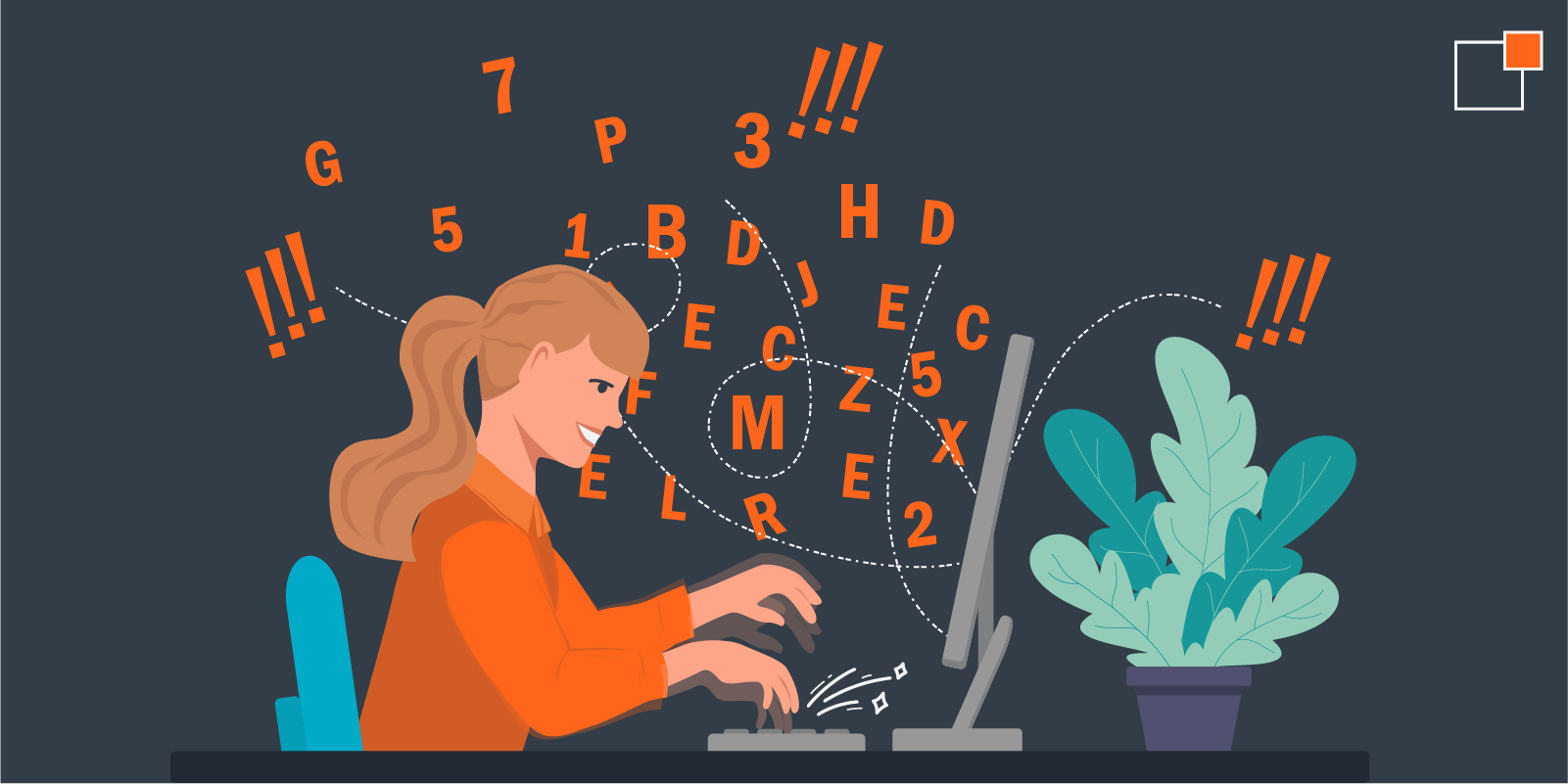Girl typing furiously on a computer with numbers and letters flying out of the screen
