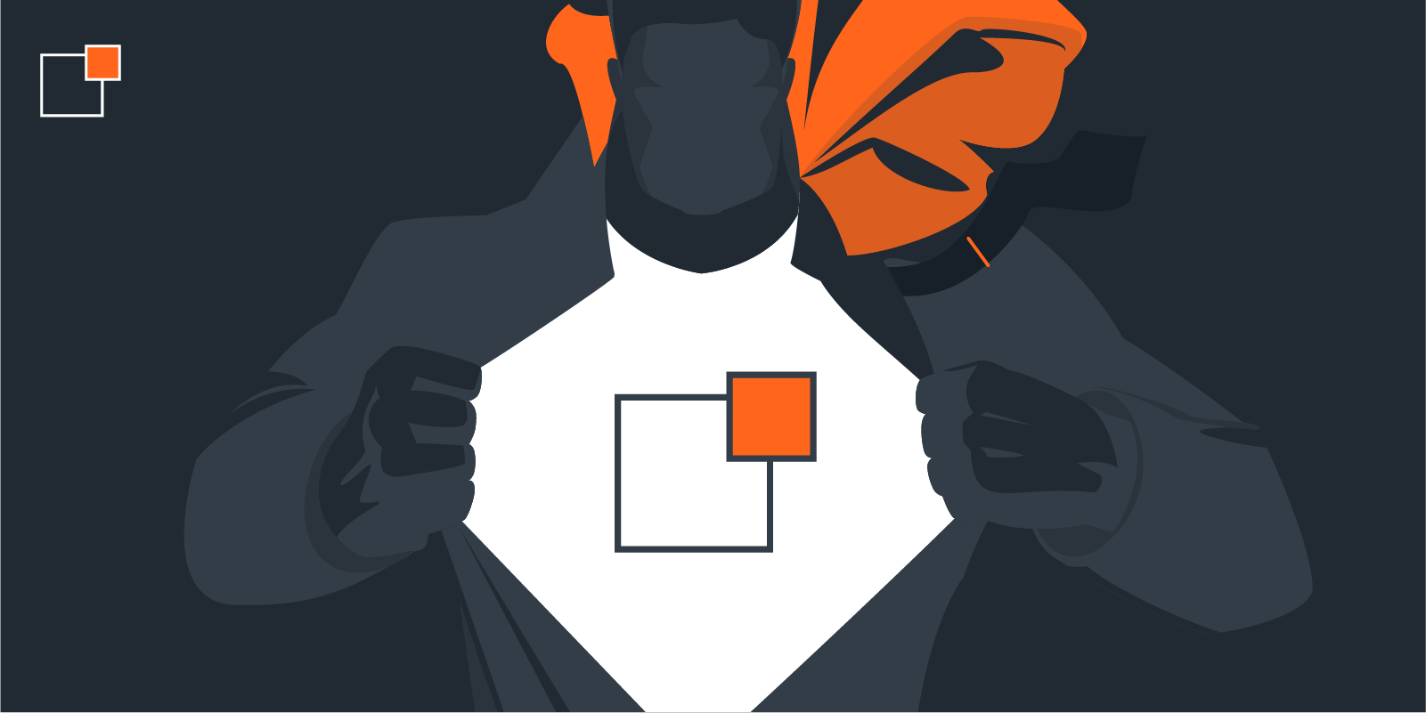 the thunder::tech two square logo on a man's shirt revealed by pulling back his button down, he is wearing a cape